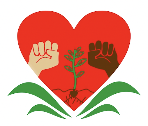 A white fist and a brown fist surrounded by a red heart growing out of leaves below with a green seedling sprouting out of a rooted seed in between the fists.